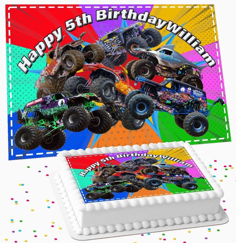 MONSTER TRUCKS PERSONALISED BIRTHDAY ICING EDIBLE COSTCO / A4 RECTANGLE / 7.5 INCH SQUARE CAKE TOPPER MT-03 MONSTER TRUCKS PERSONALISED BIRTHDAY ICING EDIBLE COSTCO / A4 RECTANGLE / 7.5 INCH SQUARE CAKE TOPPER MT-03