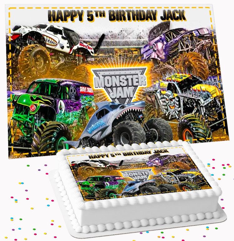 MONSTER TRUCKS PERSONALISED BIRTHDAY ICING EDIBLE COSTCO / A4 RECTANGLE / 7.5 INCH SQUARE CAKE TOPPER MT-01 MONSTER TRUCKS PERSONALISED BIRTHDAY ICING EDIBLE COSTCO / A4 RECTANGLE / 7.5 INCH SQUARE CAKE TOPPER MT-01