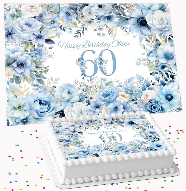 BLUE FLOWERS PERSONALISED ICING EDIBLE COSTCO / A4 RECTANGLE / 7.5 INCH SQUARE CAKE TOPPER GC-89 BLUE FLOWERS PERSONALISED ICING EDIBLE COSTCO / A4 RECTANGLE / 7.5 INCH SQUARE CAKE TOPPER GC-89