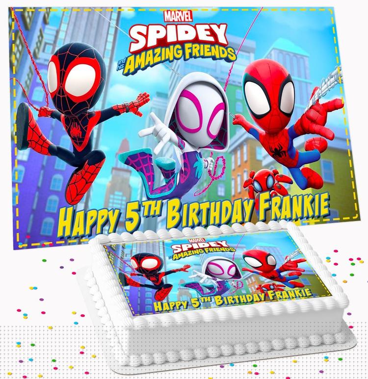 SPIDEY & FRIENDS BIRTHDAY PERSONALISED ICING EDIBLE COSTCO / A4 RECTANGLE / 7.5 INCH SQUARE CAKE TOPPER GC-358 SPIDEY & FRIENDS BIRTHDAY PERSONALISED ICING EDIBLE COSTCO / A4 RECTANGLE / 7.5 INCH SQUARE CAKE TOPPER GC-358